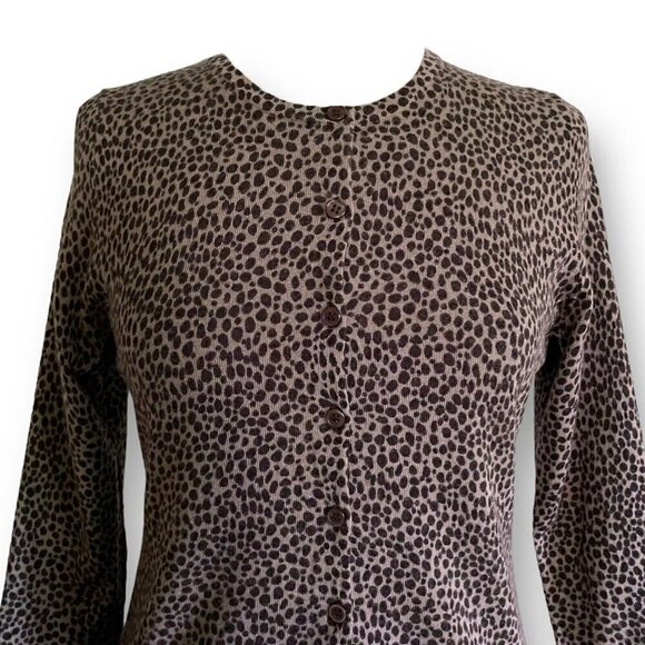 Garnet Hill Womens Signature Merino Cardigan Sz S Taupe Black Animal Print Wool - Picture 2 of 6